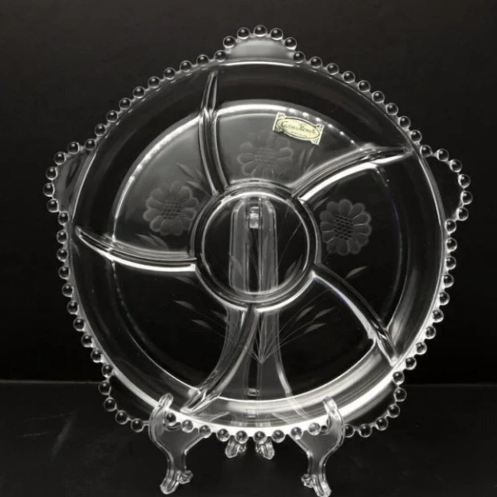 Vintage Imperial Candlewick Cornflower Glass W.J. Hughes Hostess Relish Tray